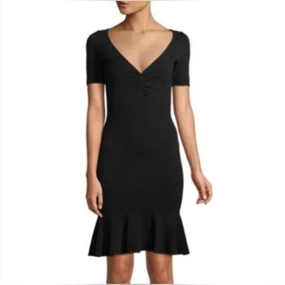Milly Shirred V-Neck Flounce-Hem Dress In Black Size Small - Picture 5 of 5